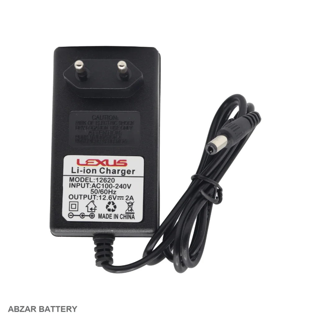 شارژر 12.6 ولت 2 آمپر لکسوس 12.6 V برای شارژ باتری لیتیوم‌یون سازگار