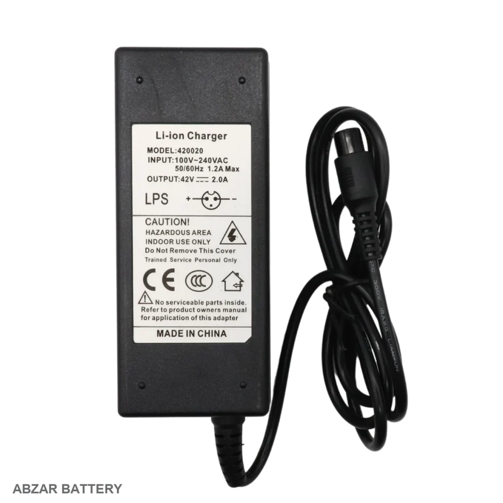 شارژر 42 ولت2 آمپر اسکوتری 42 V برای شارژ باتری لیتیوم‌یون سازگار