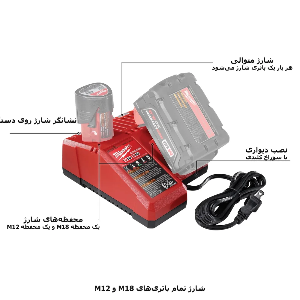 دیاگرام مشخصات شارژر میلواکی M18 و M12 مدل 48-59-1812 - شارژ متوالی و نصب دیواری